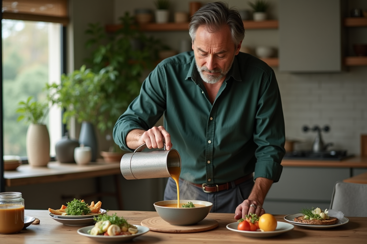 Homme verse une soupe chaude dans un bol en famille