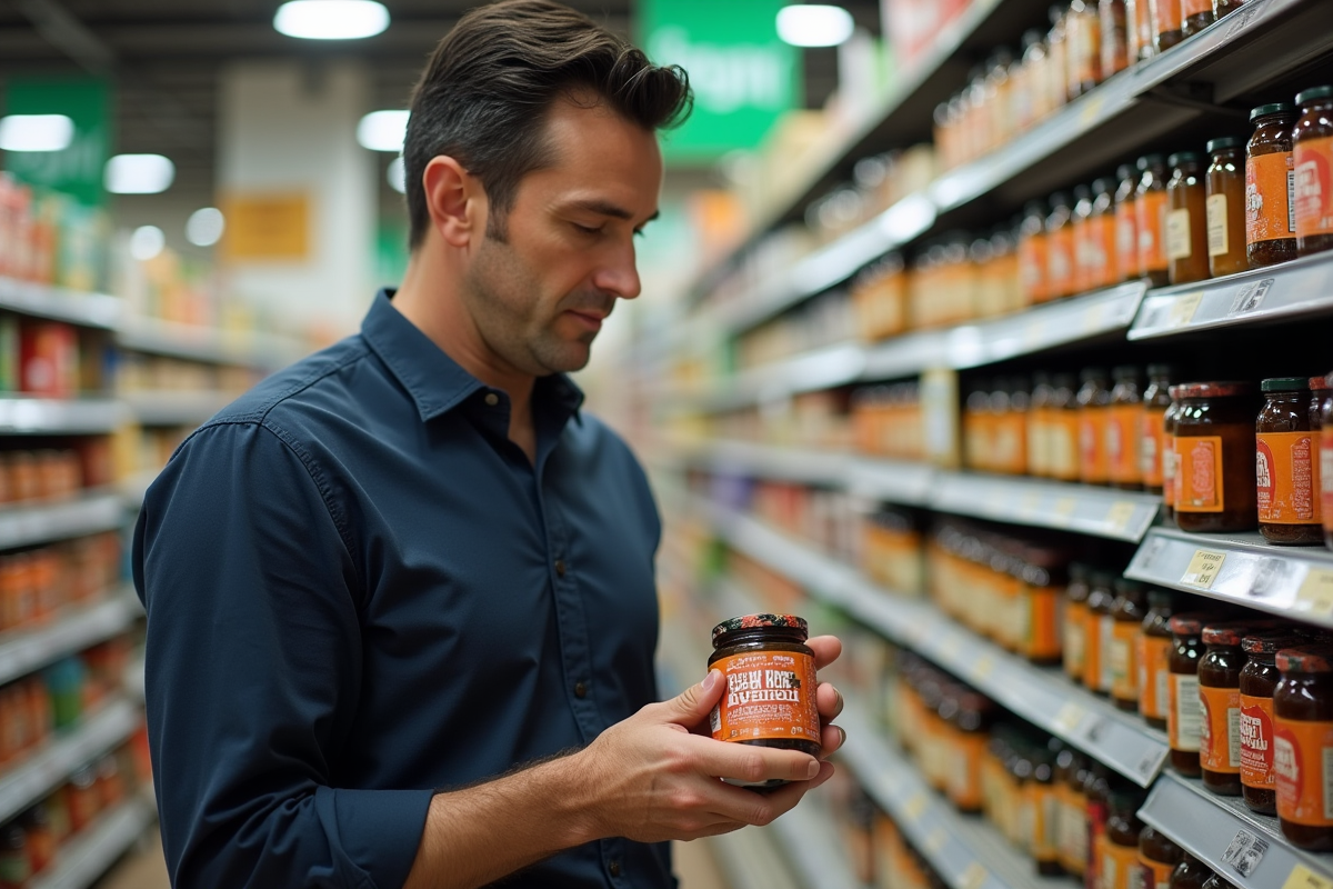 Homme examinant un pot de caviar végétal en supermarché
