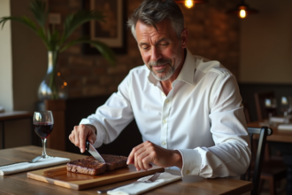 Homme d'âge moyen tranche un steak sur une table rustique