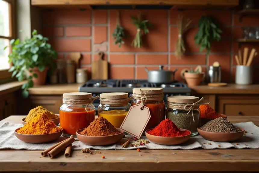 Assortiment de bocaux d'épices artisanaux disposés en cadeau sur une table en bois rustique avec une étiquette en kraft
