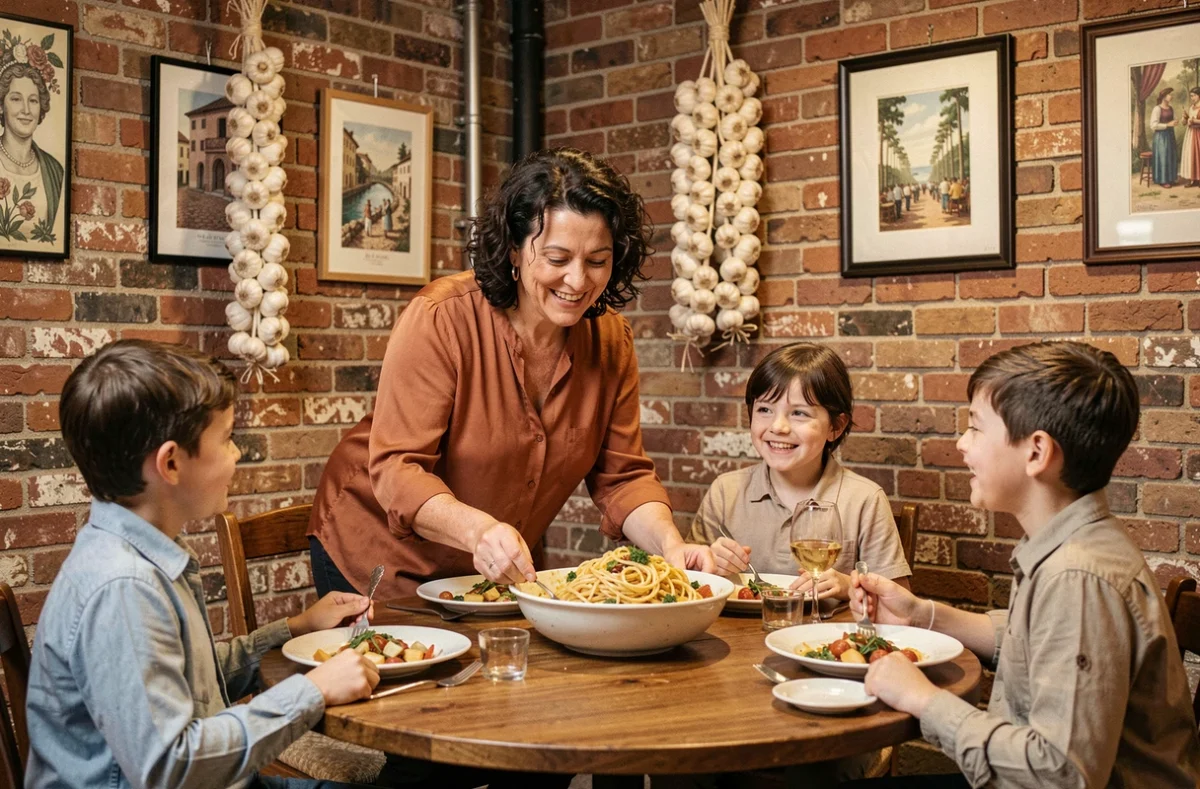 Salle chaleureuse du restaurant Il Piccolino à Roubaix avec une serveuse souriante apportant un grand plat de pâtes à une famille attablée dans un décor italo-industriel