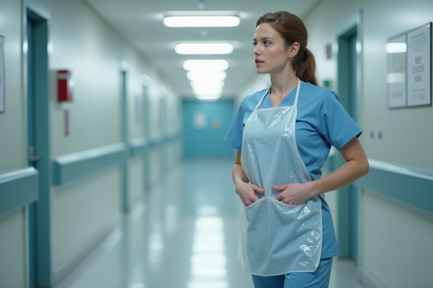 Infirmière en blouse ajustant son apron dans un couloir hospitalier