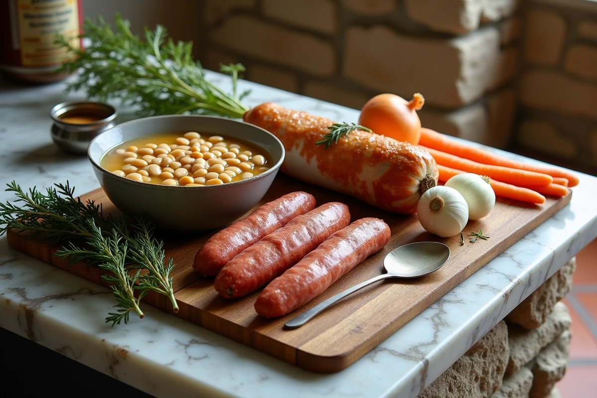 Ingrédients du cassoulet toulousain disposés sur un plan de travail en marbre : haricots blancs, saucisses de Toulouse, confit de canard, ail, carottes et bouquet garni
