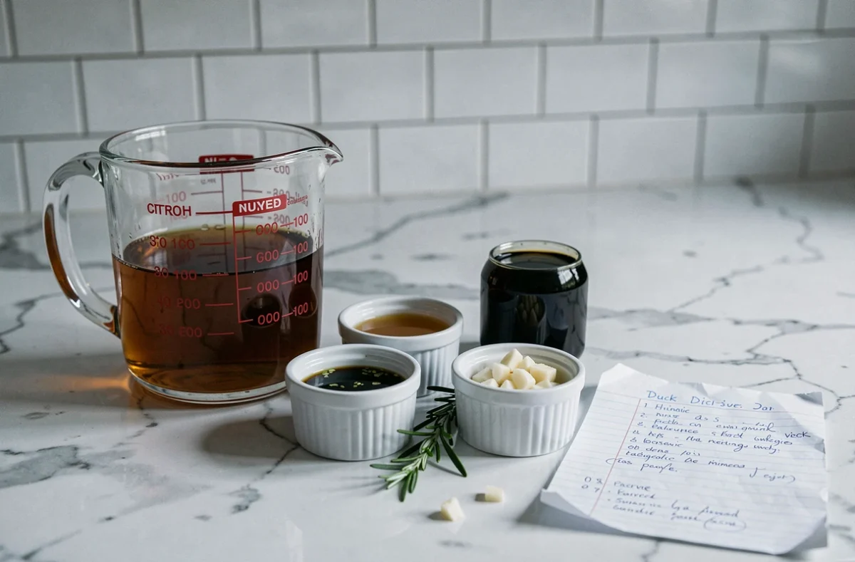 Ingrédients pour préparer une sauce familiale pour magret de canard sans vin disposés sur un plan de travail en marbre