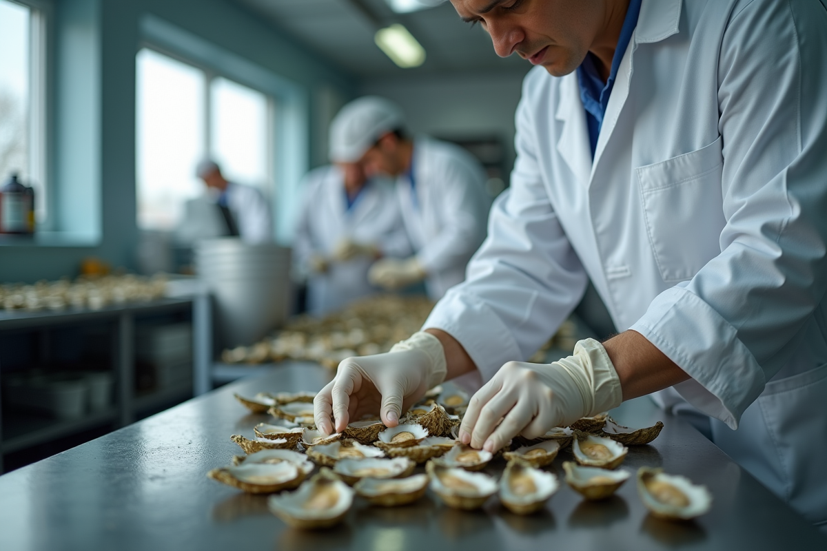 Expert inspectant et nettoyant des huitres dans un atelier