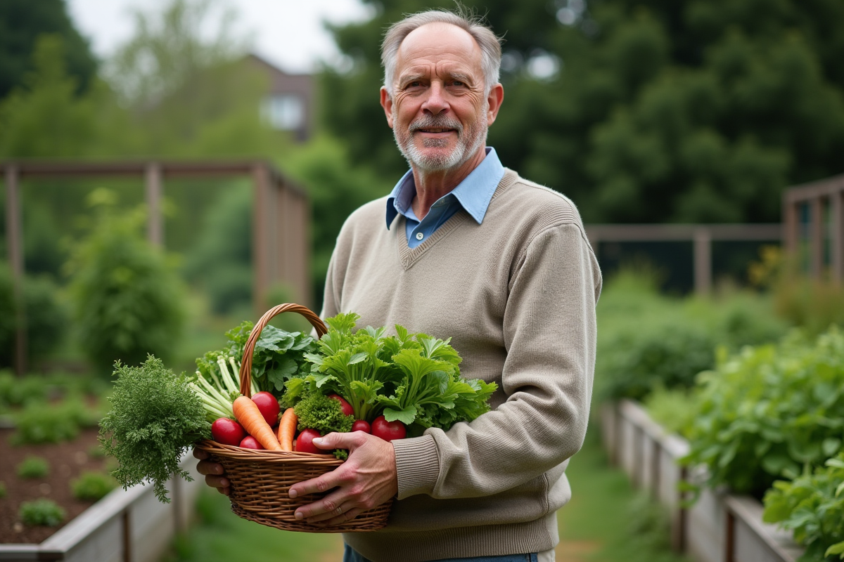 Homme dans un jardin avec panier de légumes frais