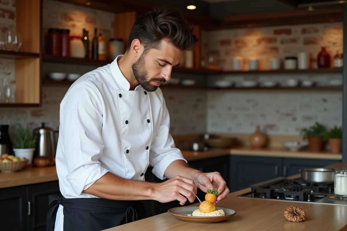 Jeune chef moderne dressant un plat dans la cuisine