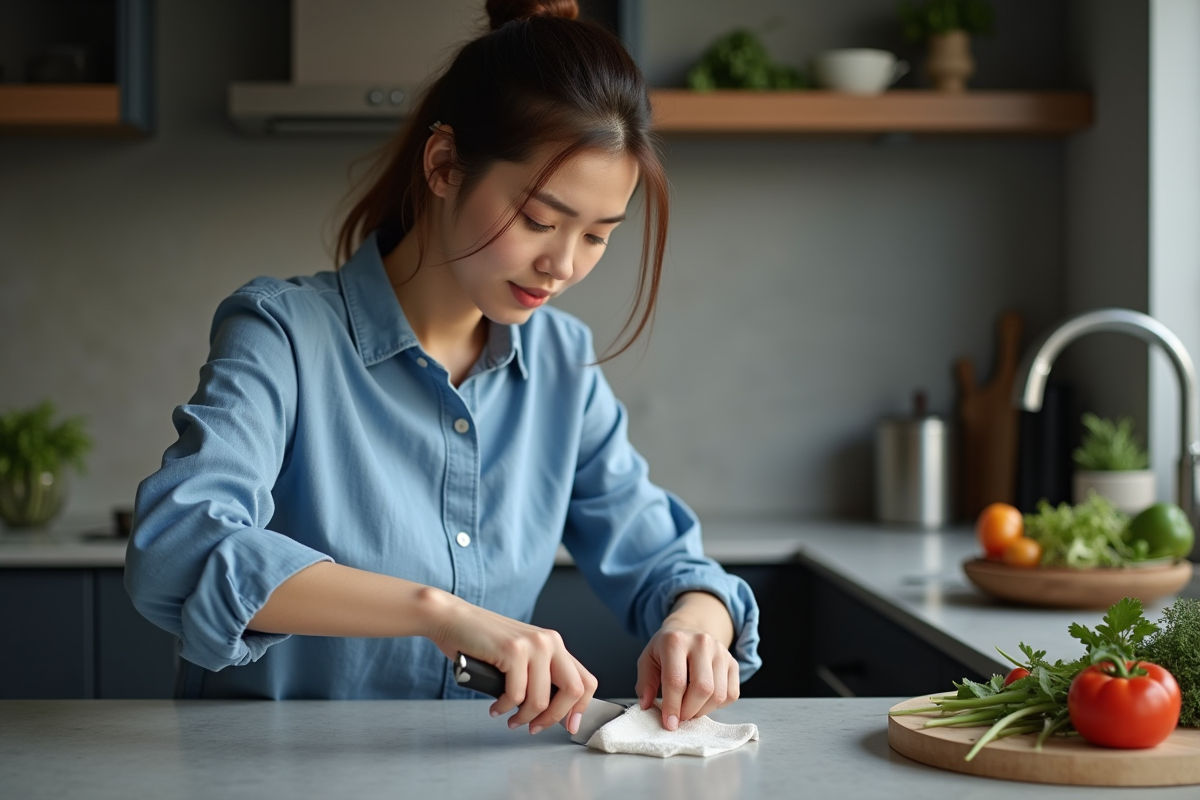 Jeune femme nettoyant et aiguisant un couteau deba dans la cuisine