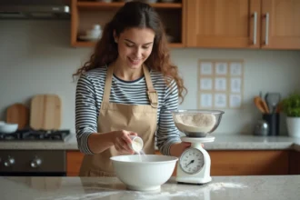 Jeune femme en cuisine vérifiant la conversion des mesures de farine