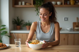 Jeune femme préparant un bol coloré de quinoa et poulet