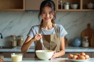 Jeune femme fouettant mayonnaise maison dans une cuisine moderne