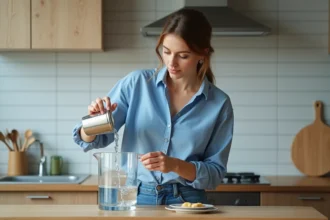 Jeune femme verse de leau dans un pichet en cuisine