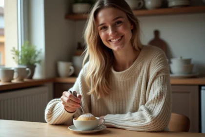Jeune femme souriante avec mugcake dans une cuisine chaleureuse