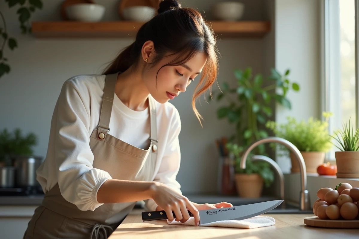 Jeune femme examinant un couteau japonais dans une cuisine moderne
