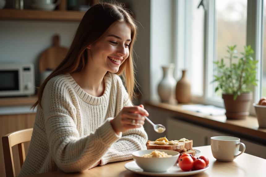 Jeune femme souriante prenant son petit déjeuner dans une cuisine lumineuse