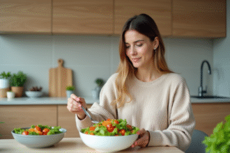 Jeune femme choisissant une salade colorée dans une cuisine moderne