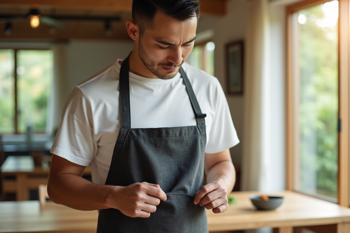 Jeune homme ajustant un tablier japonais dans une salle à manger lumineuse