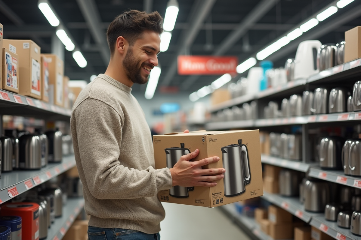 Jeune homme souriant comparant deux bouilloires dans un magasin
