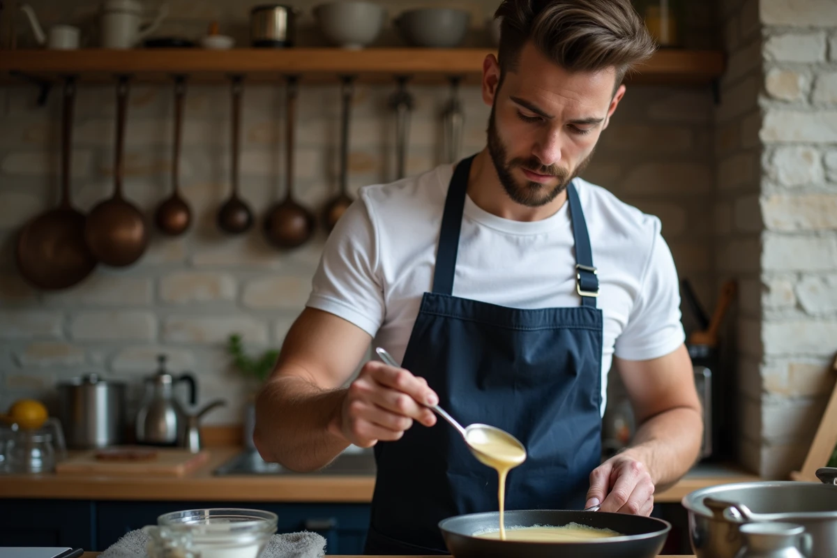 Jeune homme versant la pâte à crêpes dans une poêle dans une cuisine chaleureuse