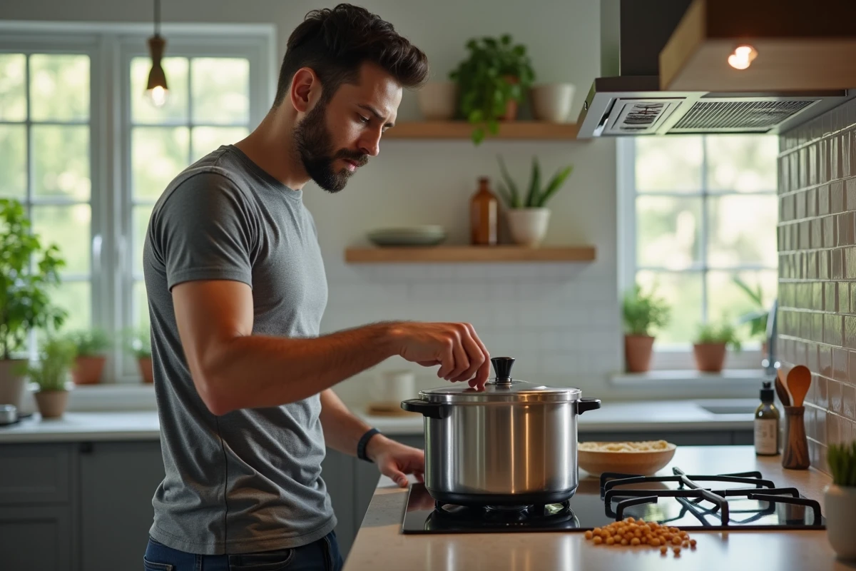Jeune homme examine un autocuiseur dans une cuisine moderne