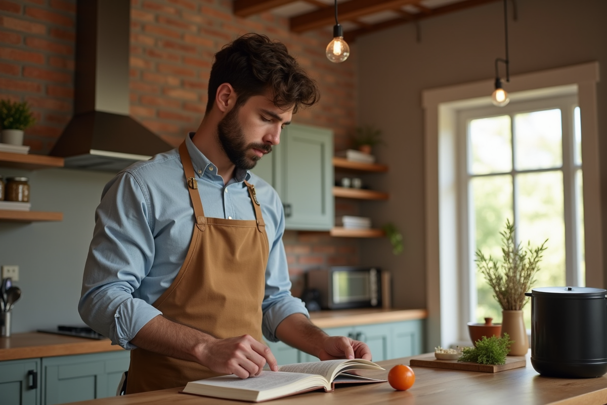 Jeune homme préparant des ingrédients dans une cuisine chaleureuse