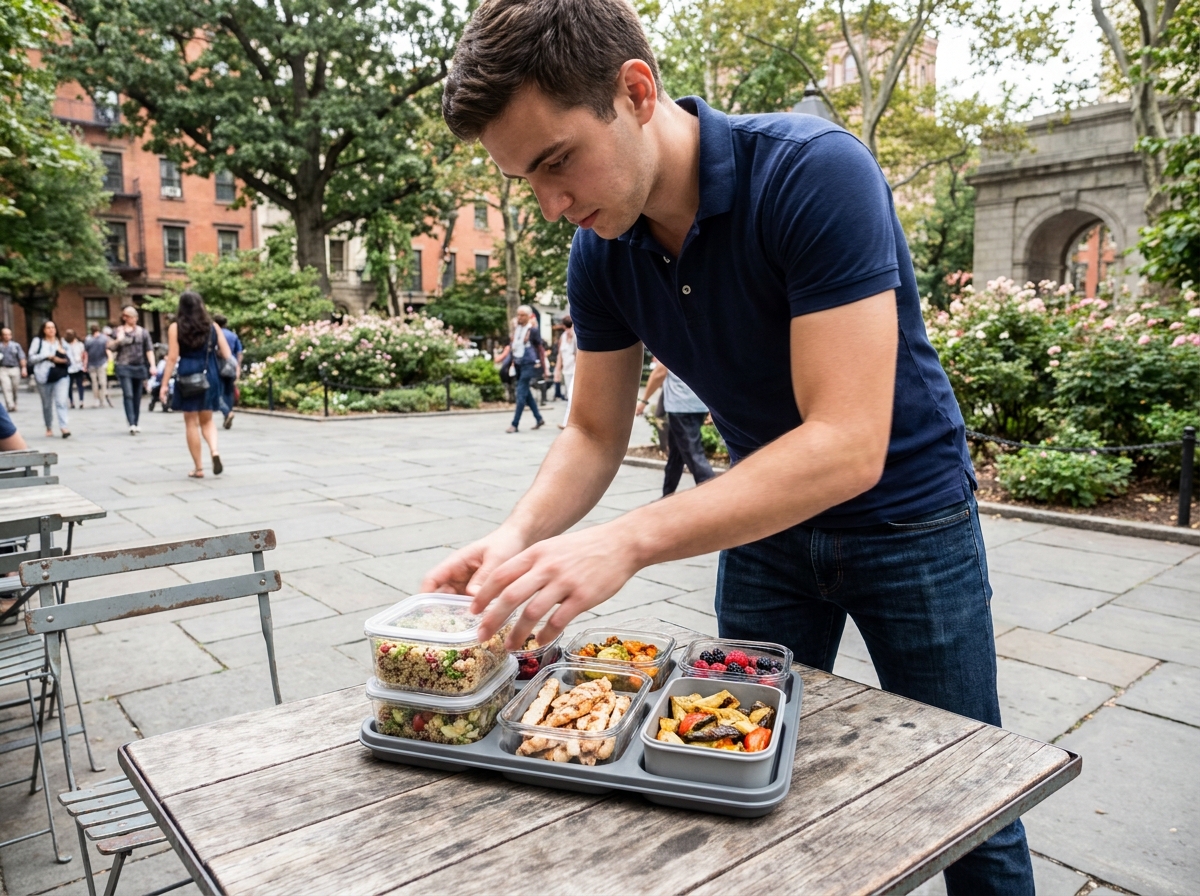 Jeune homme ajustant un plateau repas dans un parc urbain