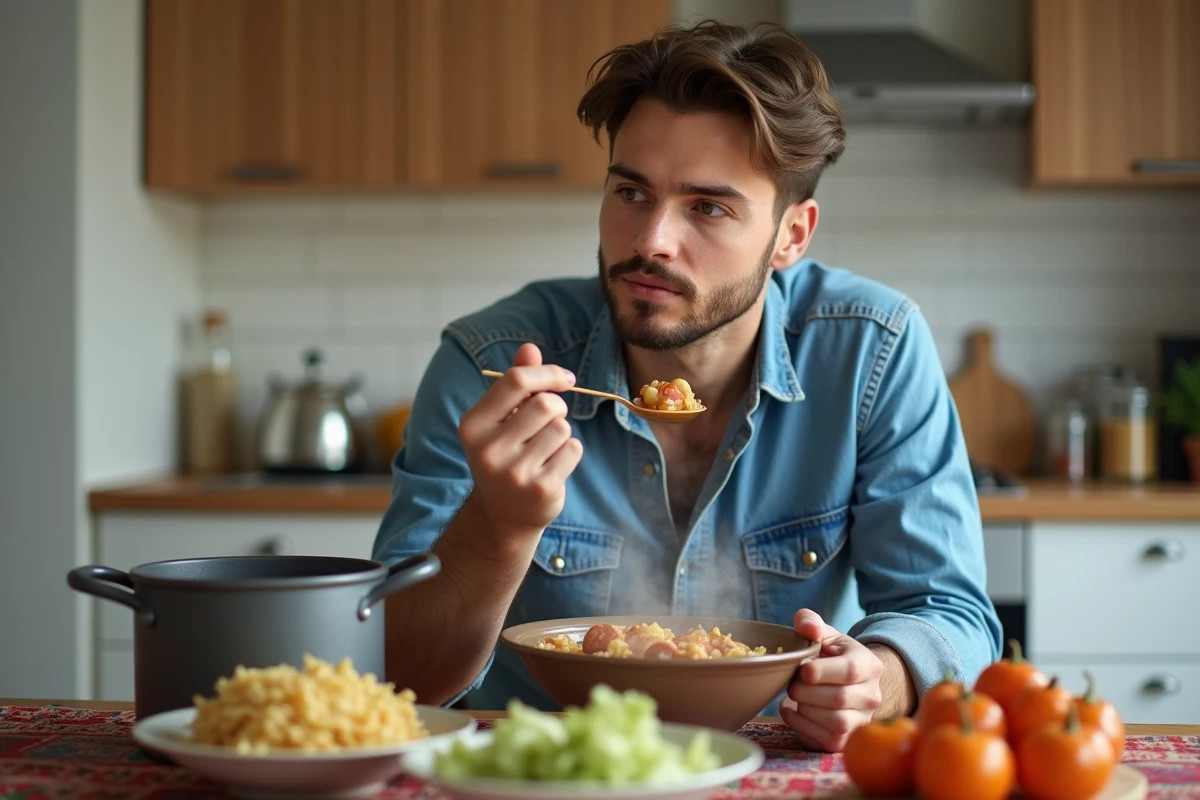 Jeune homme dégustant une potée dans une cuisine moderne