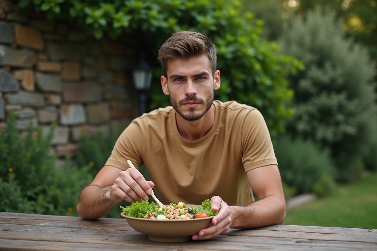 Jeune homme dégustant un bol de legumes dans un jardin