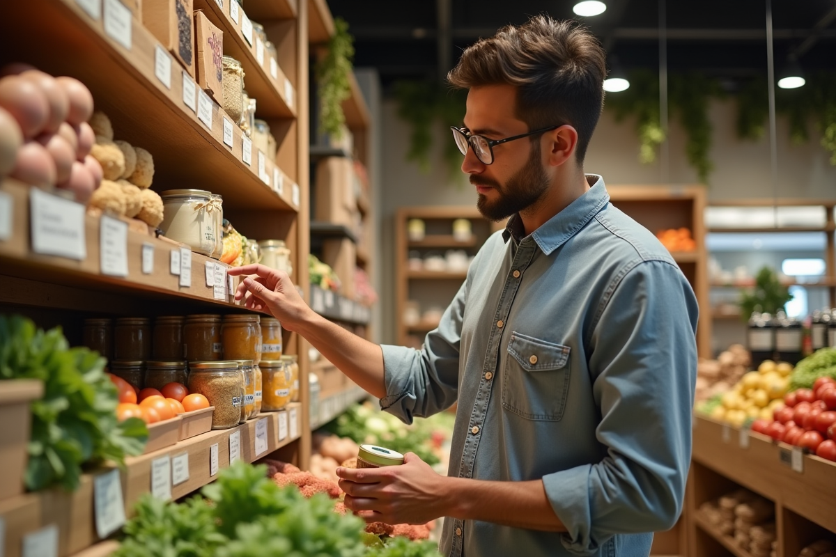 Jeune homme choisissant des produits bio en magasin moderne