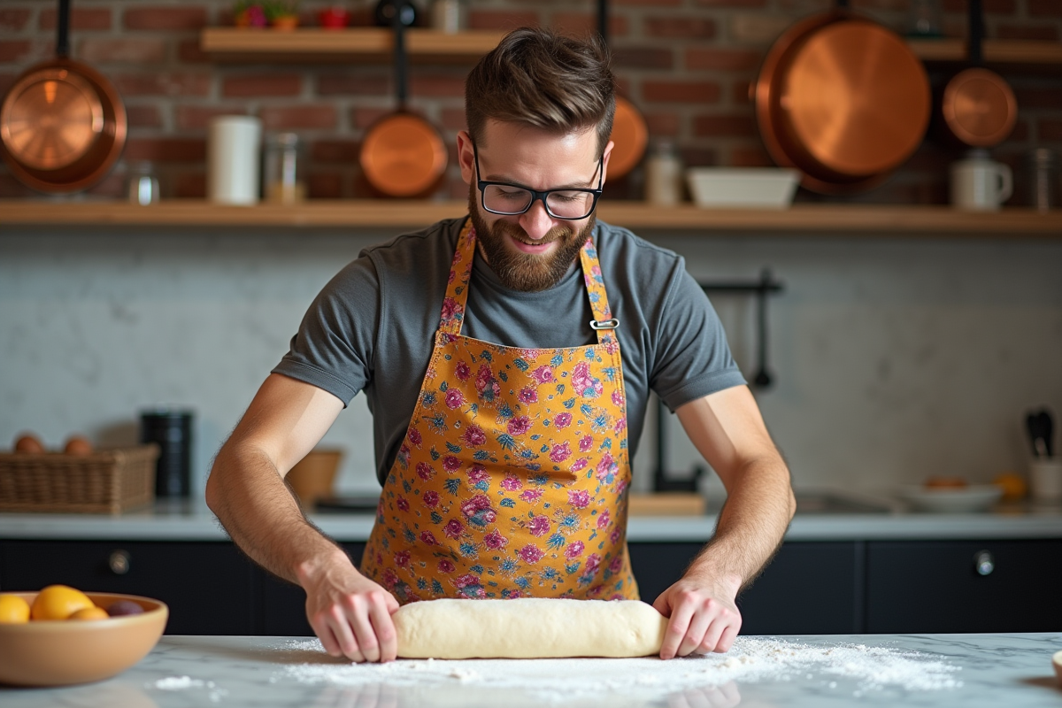Jeune homme en tablier coloré roule la pâte dans une cuisine moderne