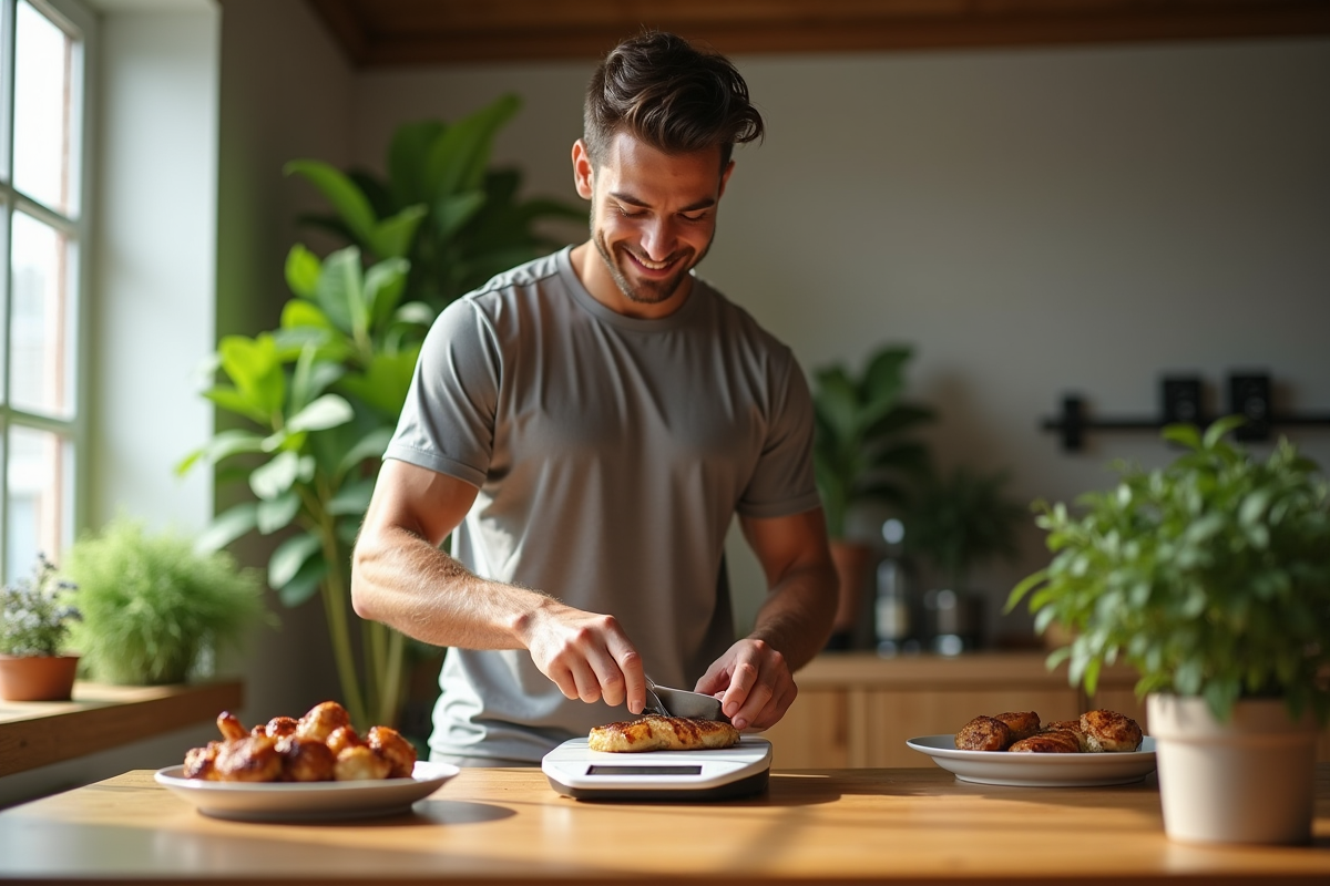 Jeune homme coupant du poulet grillé sur une balance de cuisine