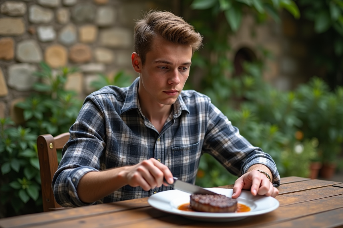 Jeune homme dégustant un steak en extérieur