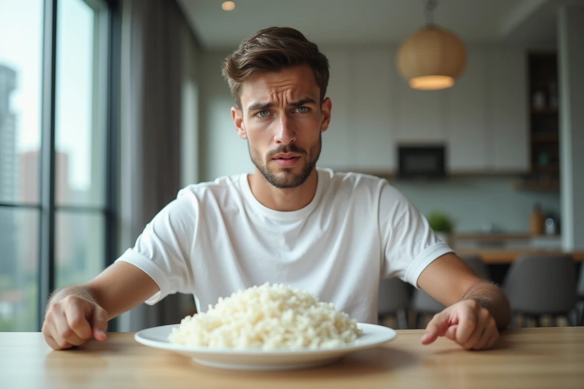 Jeune homme perplexe devant une assiette de riz