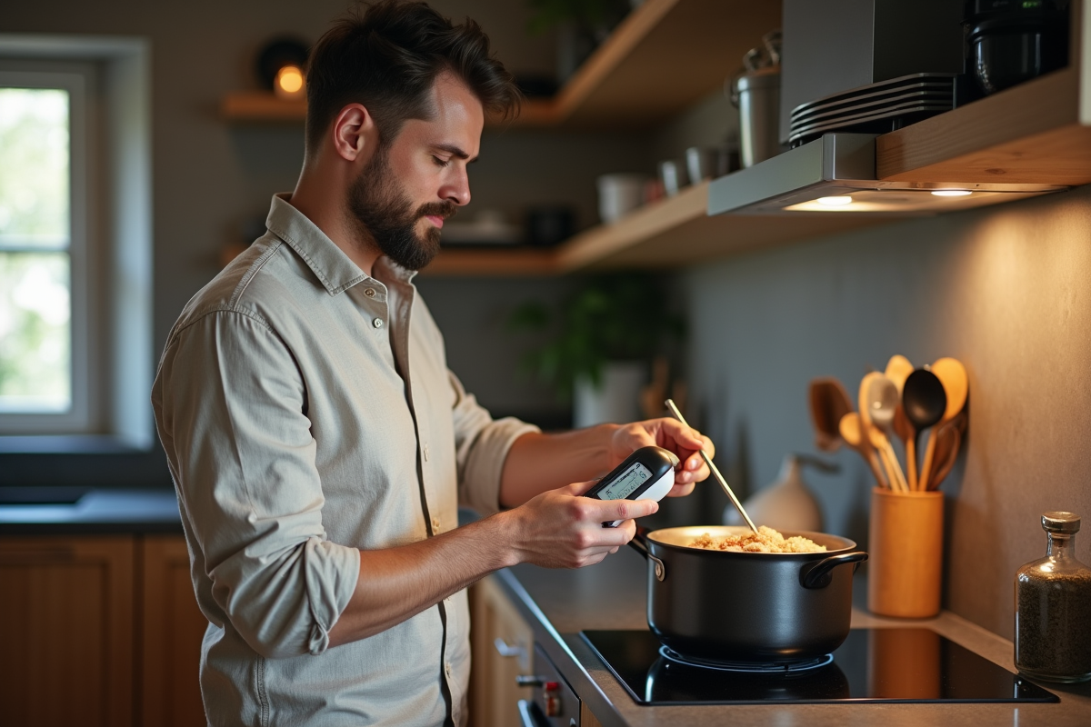 Jeune homme utilisant un thermometre induction dans la cuisine
