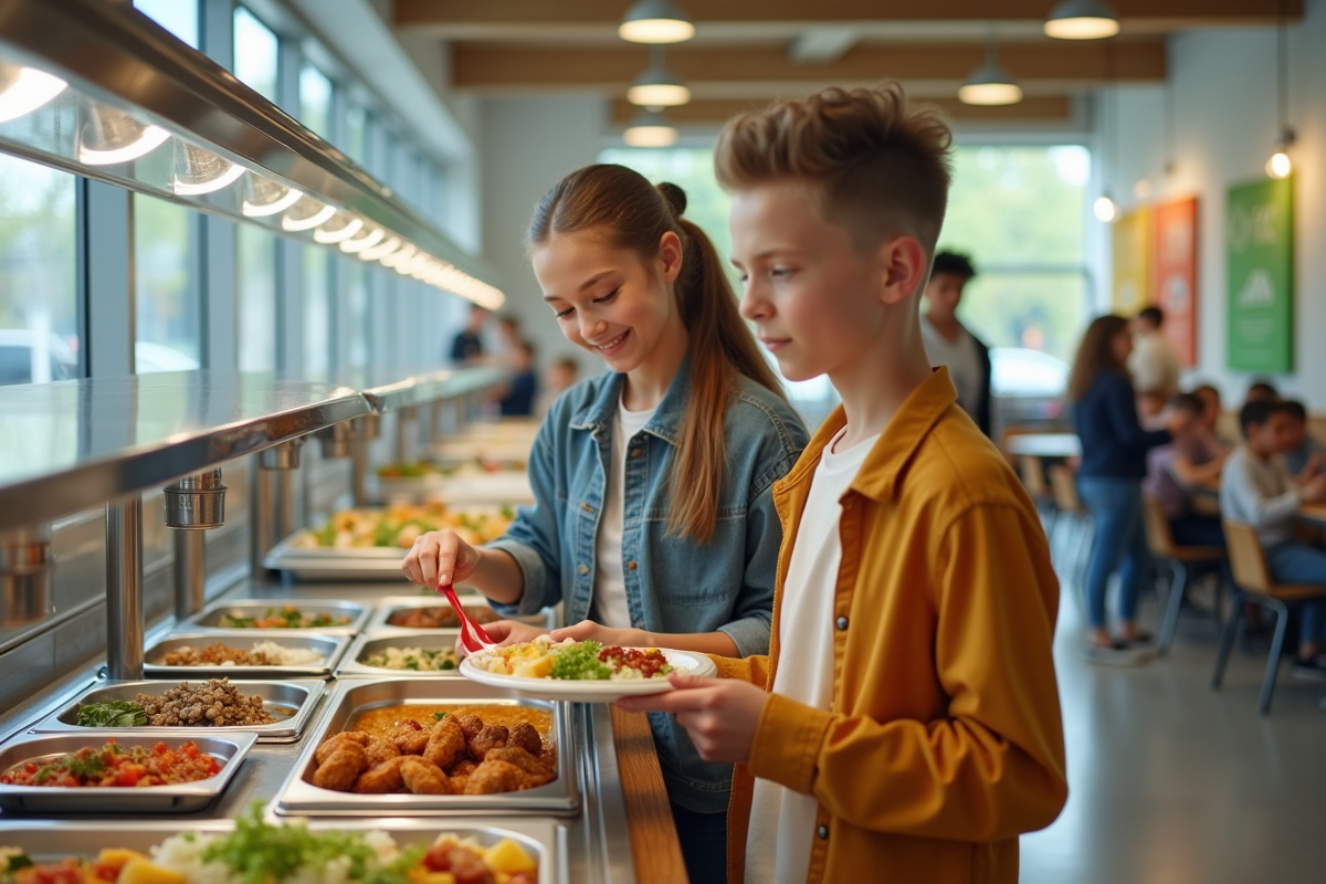 Adolescents choisissant plats végétaux à la cafetéria