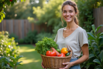 Femme souriante tenant un panier de légumes bio dans un jardin
