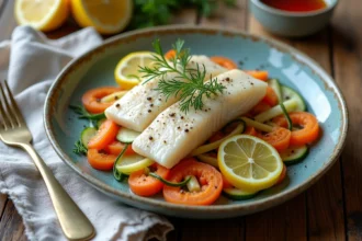 Assiette de julienne de poisson à la vapeur avec légumes croquants sur table en bois rustique, vue du dessus