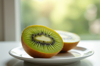 Kiwi tranché sur assiette blanche lumineuse