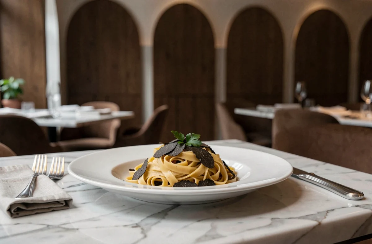 Assiette de tagliatelles maison au tartufo élégamment dressée sur table en marbre dans le cadre raffiné du restaurant La Bellezza à Lille