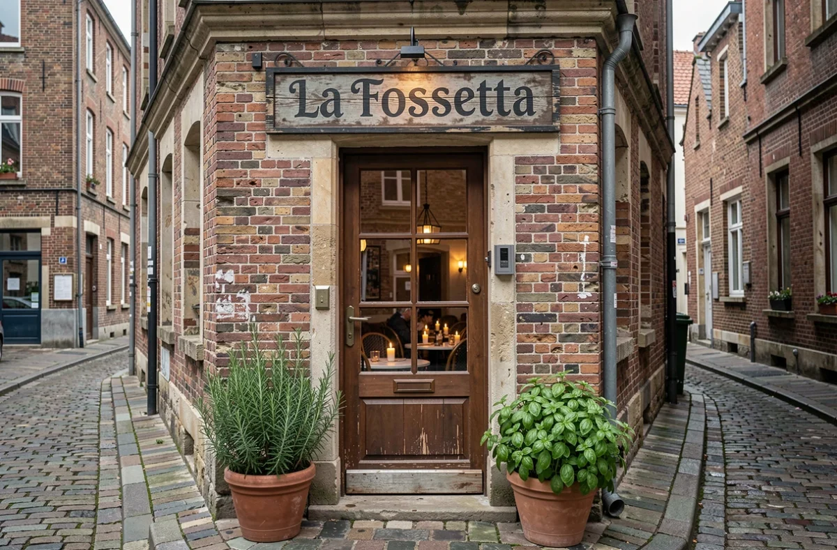 Façade pittoresque du restaurant La Fossetta dans les rues pavées du Vieux-Lille, avec enseigne en bois et plantes aromatiques devant l'entrée