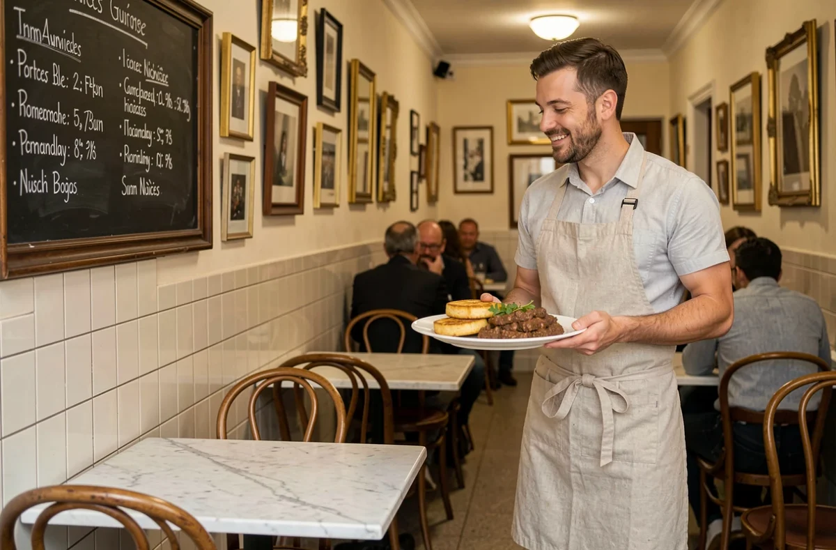 Intérieur authentique du bistrot La Merenda à Nice avec tableau de menu à la craie, tables en marbre et serveur portant des plats niçois traditionnels