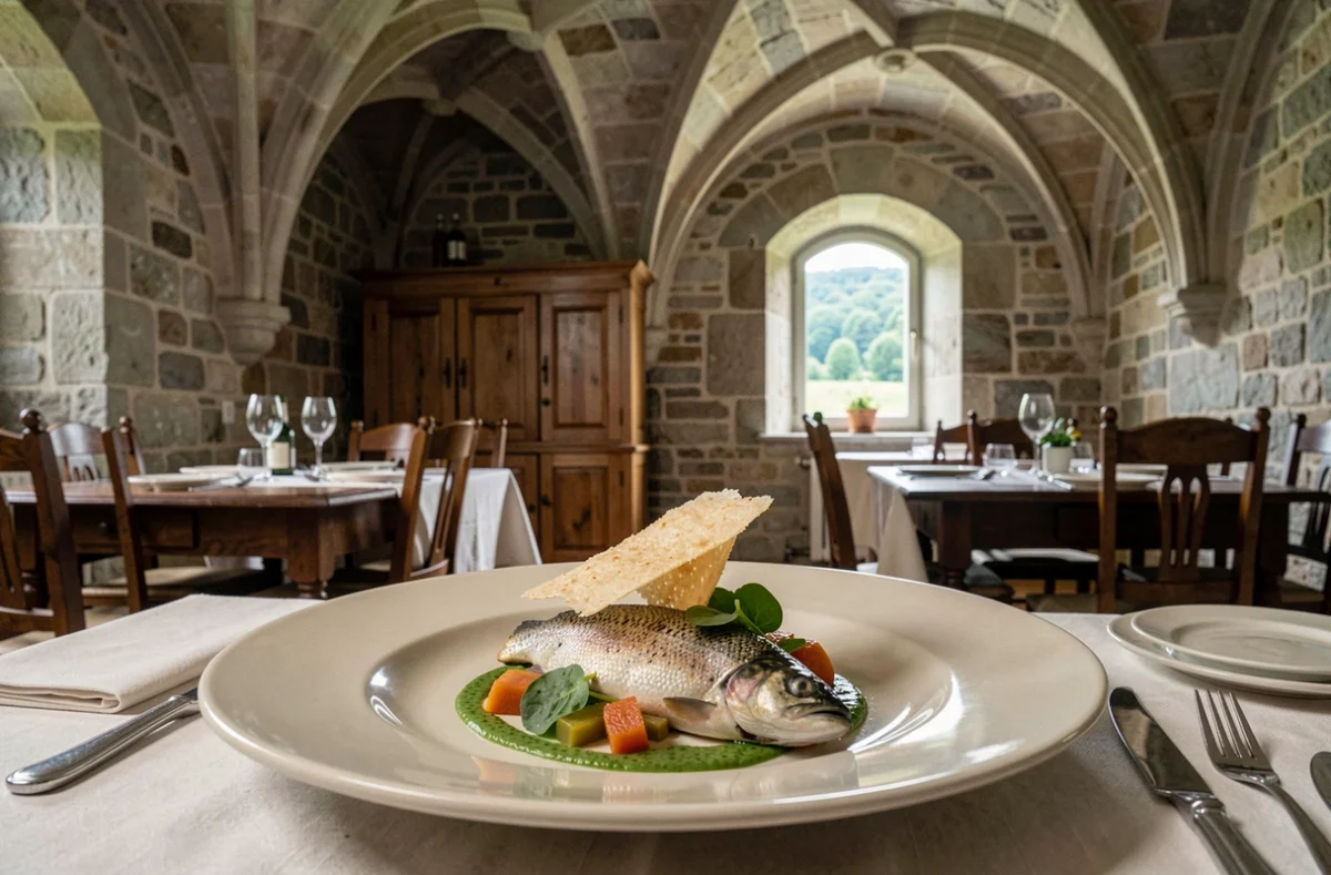 Assiette de truite locale avec coulis de cresson et tuile feuilletée au restaurant La Roche à Bunel à Thury-Harcourt-le-Hom