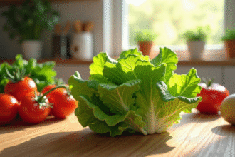 Laitue verte fraîche sur une table en bois avec légumes colorés