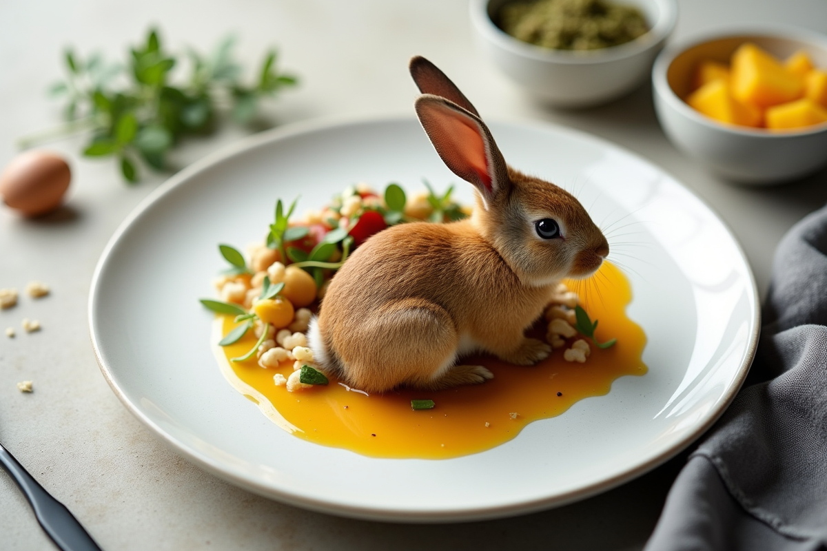 Lapin à la moutarde en style déstructuré sur assiette blanche