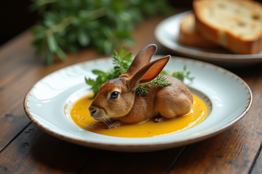 Plat de lapin à la moutarde présenté sur une table en bois rustique