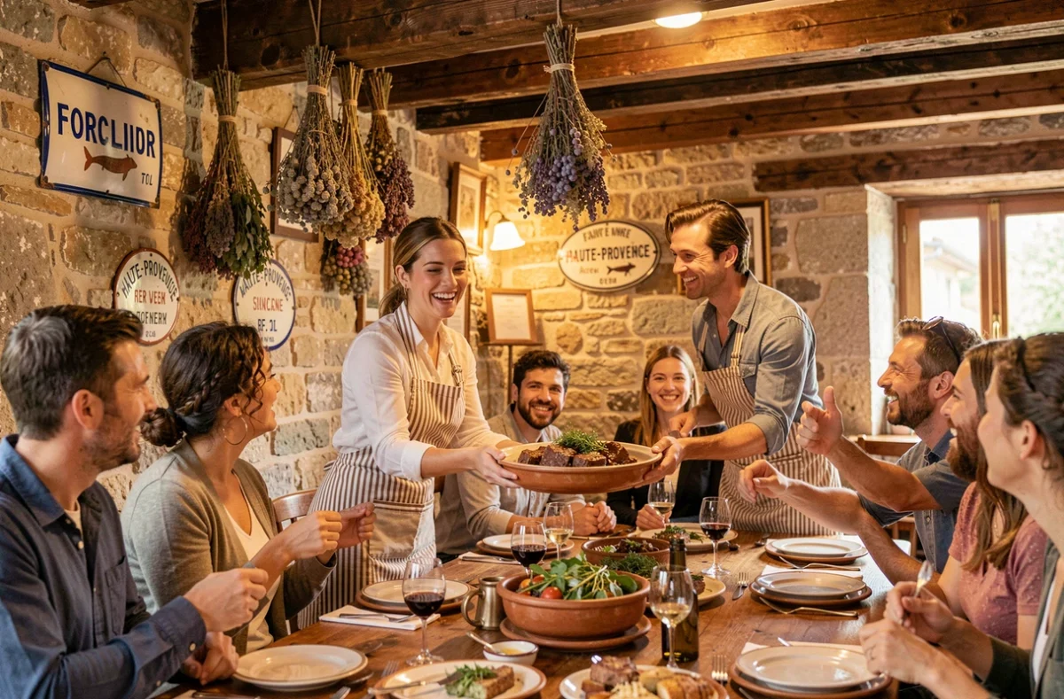 Intérieur convivial du bistrot Le 9 à Forcalquier avec murs en pierre, bouquets d'herbes séchées et serveuse présentant une daube d'agneau aux herbes de Provence à des convives