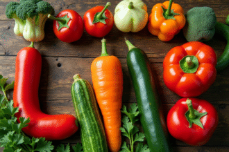 Légumes de saison verts sur une table en bois rustique