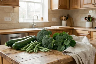 Assortiment de légumes verts frais comme la courgette, les haricots verts et le brocoli posés sur un comptoir de cuisine en bois rustique