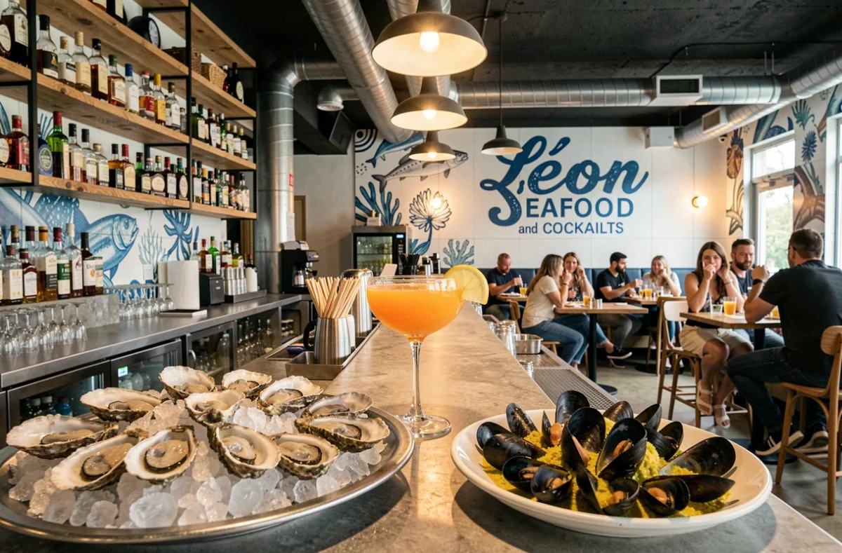 Bar à fruits de mer et cocktails avec huîtres fraîches et moules au restaurant Léon Seafood à Mondeville