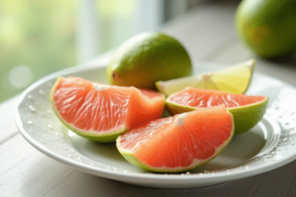 Litchi et lime tranchés sur une assiette lumineuse